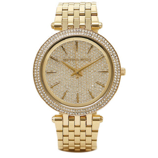 Front view of Michael Kors Darci MK3438 Gold Stainless Steel Womens Watch on white background