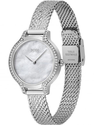 Angle shot of Hugo Boss 1502558 Mother Of Pearl Dial Silver Stainless Steel Womens Watch on white background