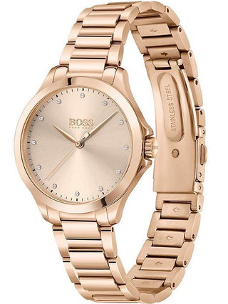 Angle shot of Hugo Boss 1502578 Rose Gold Stainless Steel Womens Watch on white background