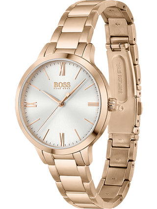 Angle shot of Hugo Boss 1502582 Rose Gold Stainless Steel Womens Watch on white background