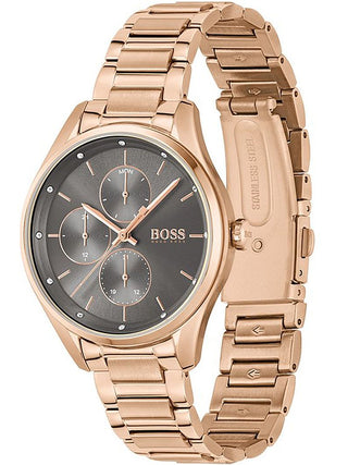 Angle shot of Hugo Boss 1502603 Grey Dial Rose Gold Stainless Steel Womens Watch on white background