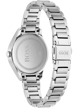 Angle shot of Hugo Boss 1502604 Rose Gold Dial Silver Stainless Steel Womens Watch on white background