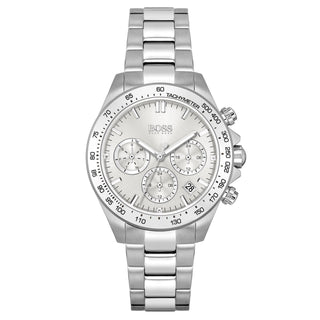 Front view of Hugo Boss Chronograph 1502616 Silver White Dial Silver Stainless Steel Womens Watch on white background