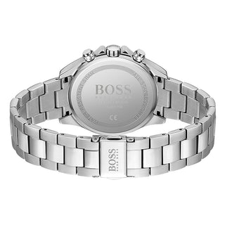 Angle shot of Hugo Boss Chronograph 1502616 Silver White Dial Silver Stainless Steel Womens Watch on white background