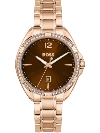 Front view of Hugo Boss 1502621 Brown Dial Rose Gold Stainless Steel Womens Watch on white background