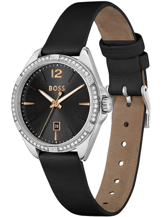 Angle shot of Hugo Boss 1502624 Black Leather Womens Watch on white background