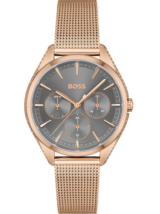 Front view of Hugo Boss 1502639 Grey Dial Rose Gold Stainless Steel Womens Watch on white background