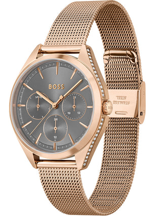 Angle shot of Hugo Boss 1502639 Grey Dial Rose Gold Stainless Steel Womens Watch on white background