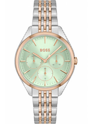 Front view of Hugo Boss 1502641 Green Dial Rose Gold Stainless Steel Womens Watch on white background