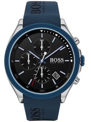 Angle shot of Hugo Boss Velocity Chronograph 1513717 Blue Silicone Unisex Watch on white background