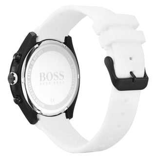 Angle shot of Hugo Boss Velocity Chronograph 1513718 Black Dial White Silicone Mens Watch on white background