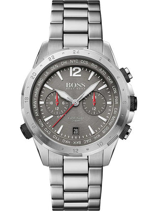 Front view of Hugo Boss Chronograph 1513774 Grey Dial Silver Stainless Steel Unisex Watch on white background