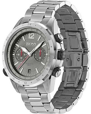 Angle shot of Hugo Boss Chronograph 1513774 Grey Dial Silver Stainless Steel Unisex Watch on white background