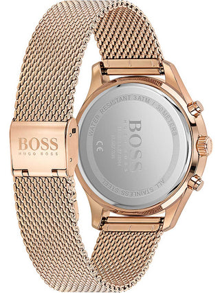 Angle shot of Hugo Boss Chronograph 1513806 Black Dial Rose Gold Stainless Steel Unisex Watch on white background