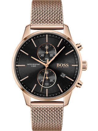 Front view of Hugo Boss Chronograph 1513806 Black Dial Rose Gold Stainless Steel Unisex Watch on white background