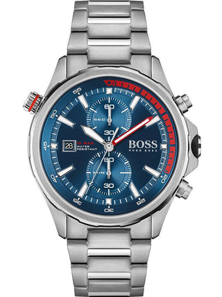 Front view of Hugo Boss Chronograph 1513823 Blue Dial Silver Stainless Steel Mens Watch on white background