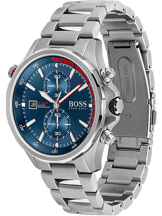 Angle shot of Hugo Boss Chronograph 1513823 Blue Dial Silver Stainless Steel Mens Watch on white background