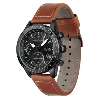 Angle shot of Hugo Boss Pilot Edition Chronograph 1513851 Black Dial Brown Leather Mens Watch on white background