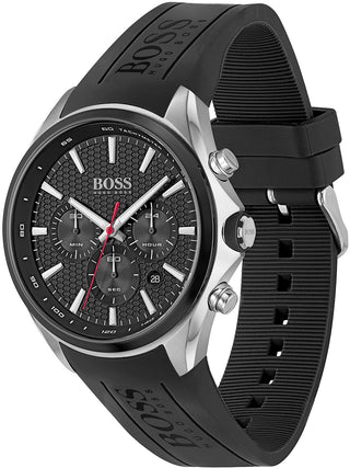 Angle shot of Hugo Boss Chronograph 1513855 Black Silicone Mens Watch on white background