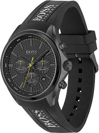 Angle shot of Hugo Boss Chronograph 1513859 Black Silicone Mens Watch on white background