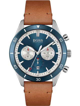 Front view of Hugo Boss Chronograph 1513860 Blue Dial Brown Leather Unisex Watch on white background