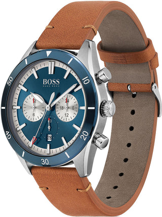 Angle shot of Hugo Boss Chronograph 1513860 Blue Dial Brown Leather Unisex Watch on white background