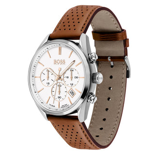 Angle shot of Hugo Boss Chronograph 1513879 White Dial Brown Leather Mens Watch on white background