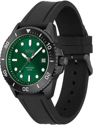 Angle shot of Hugo Boss 1513915 Green Dial Black Silicone Unisex Watch on white background