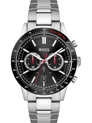 Front view of Hugo Boss Chronograph 1513922 Black Dial Silver Stainless Steel Unisex Watch on white background