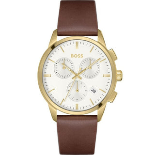 Front view of Hugo Boss Chronograph 1513926 White Dial Brown Leather Mens Watch on white background