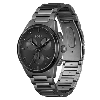 Angle shot of Hugo Boss Grey Chronograph 1513929 Black Dial Grey Stainless Steel Mens Watch on white background