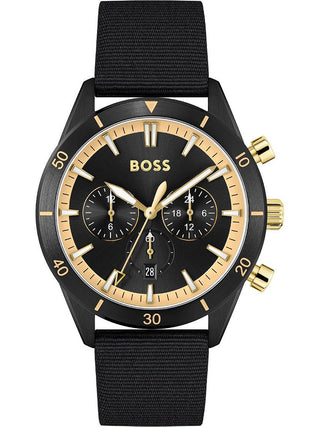 Front view of Hugo Boss Chronograph 1513935 Black Leather Unisex Watch on white background