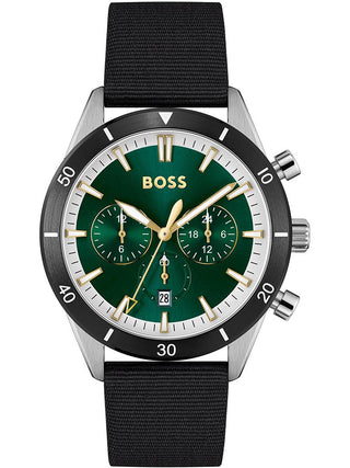 Front view of Hugo Boss Chronograph 1513936 Green Dial Black Leather Unisex Watch on white background