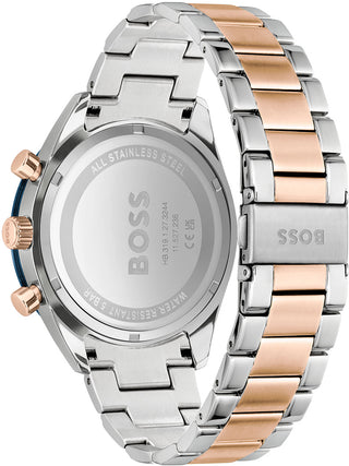 Angle shot of Hugo Boss Chronograph 1513937 Blue Dial Rose Gold Stainless Steel Unisex Watch on white background