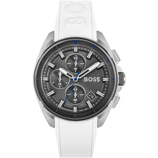 Front view of Hugo Boss Chronograph 1513948 Grey Dial Silicone Mens Watch on white background