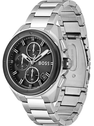 Angle shot of Hugo Boss Chronograph 1513949 Black Dial Silver Stainless Steel Mens Watch on white background