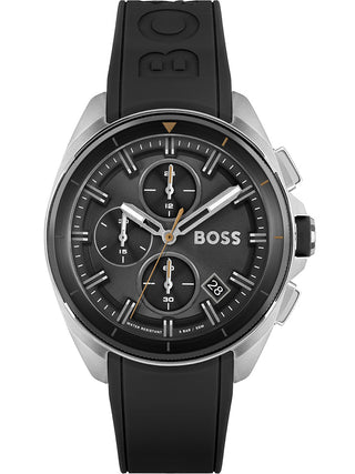 Front view of Hugo Boss Chronograph 1513953 Black Silicone Mens Watch on white background