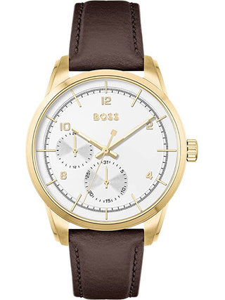 Front view of Hugo Boss 1513956 White Dial Brown Leather Unisex Watch on white background