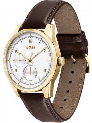 Angle shot of Hugo Boss 1513956 White Dial Brown Leather Unisex Watch on white background