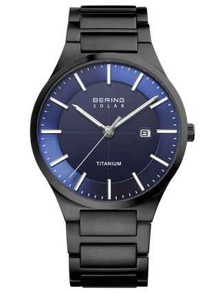 Angle shot of Bering 15239-727 Blue Dial Black Titanium Unisex Watch on white background