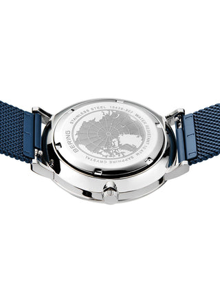 Angle shot of Bering 15439-307 Blue Stainless Steel Unisex Watch on white background