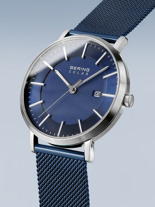 Angle shot of Bering 15439-307 Blue Stainless Steel Unisex Watch on white background