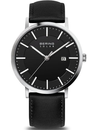 Front view of Bering 15439-402 Black Leather Unisex Watch on white background