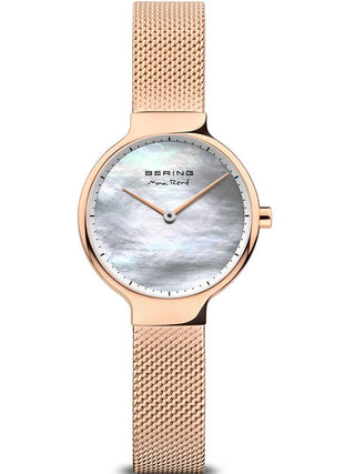 Front view of Bering 15527-364 Mother Of Pearl Dial Rose Gold Stainless Steel Womens Watch on white background