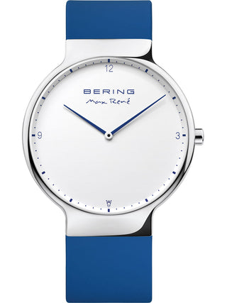 Angle shot of Bering 15540-704-VA White Dial Blue Silicone Unisex Watch on white background