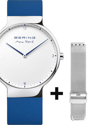 Front view of Bering 15540-704-VA White Dial Blue Silicone Unisex Watch on white background