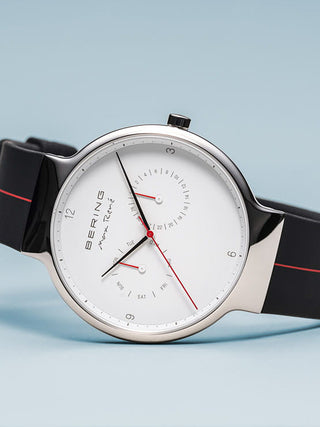 Angle shot of Bering 15542-404 White Dial Black Silicone Unisex Watch on white background