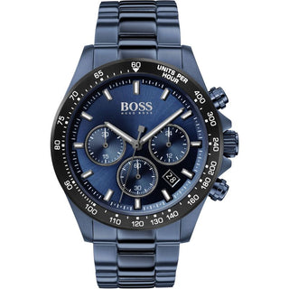Front view of Hugo Boss Chronograph 1513758 Blue Stainless Steel Mens Watch on white background