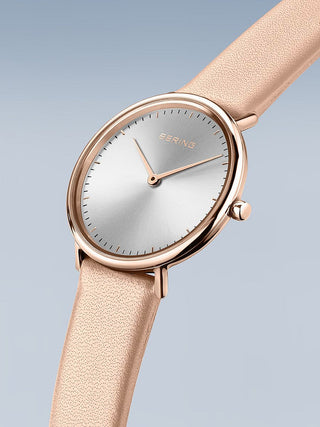 Angle shot of Bering 15729-960 Silver Dial Rose Gold Stainless Steel Womens Watch on white background