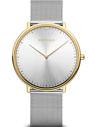 Front view of Bering 15739-010 Gold Dial Silver Stainless Steel Unisex Watch on white background